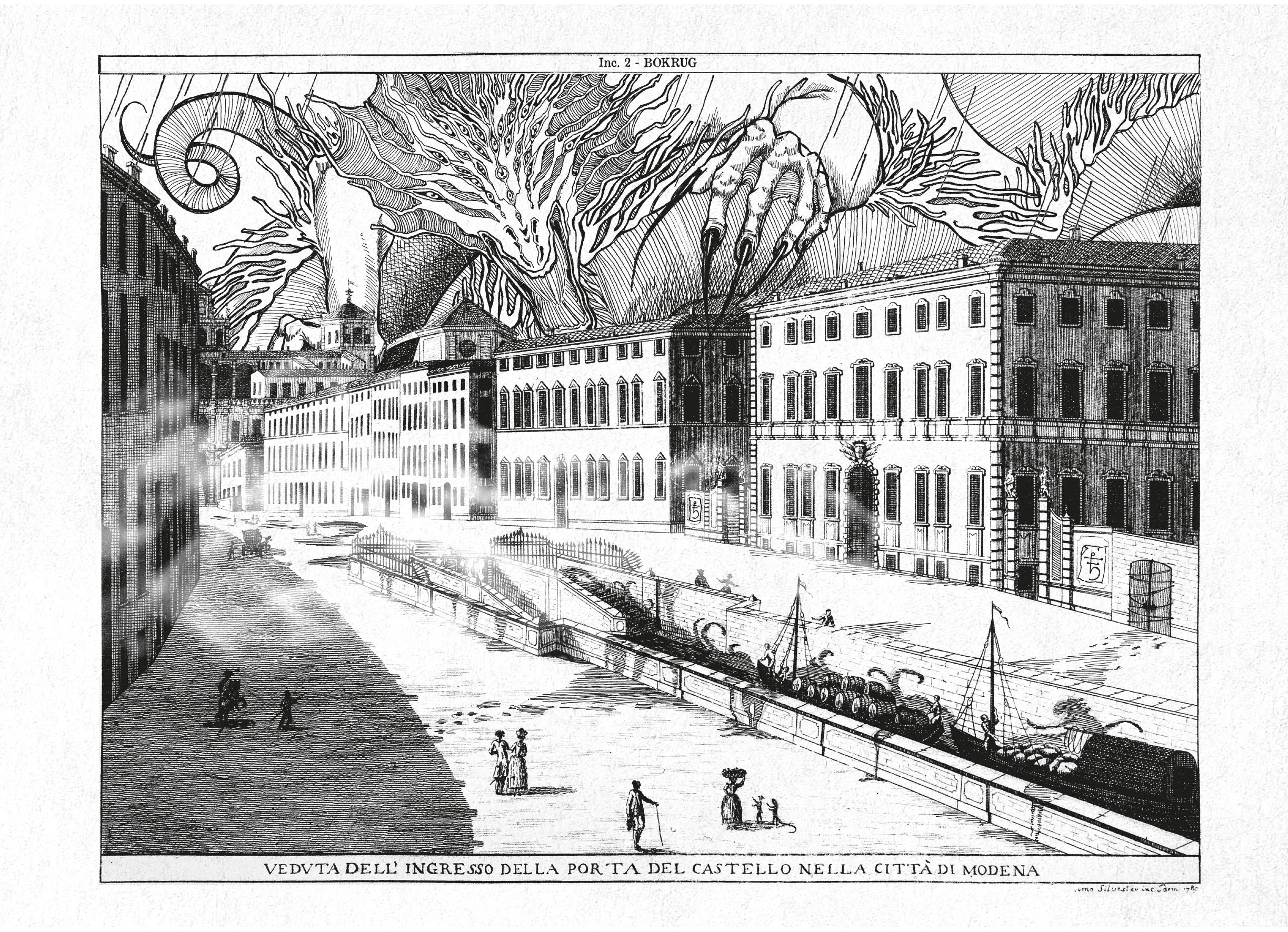 Detail from an engraving of the Porta del Castello entrance: a clawed hand and an eyed, tentacled mass unfurl across the sky above the city gate.
