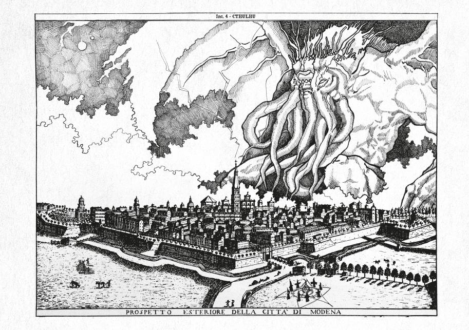 Engraving of an exterior view of Modena, with an immense tentacled Cthulhu looming over the city walls and skyline.