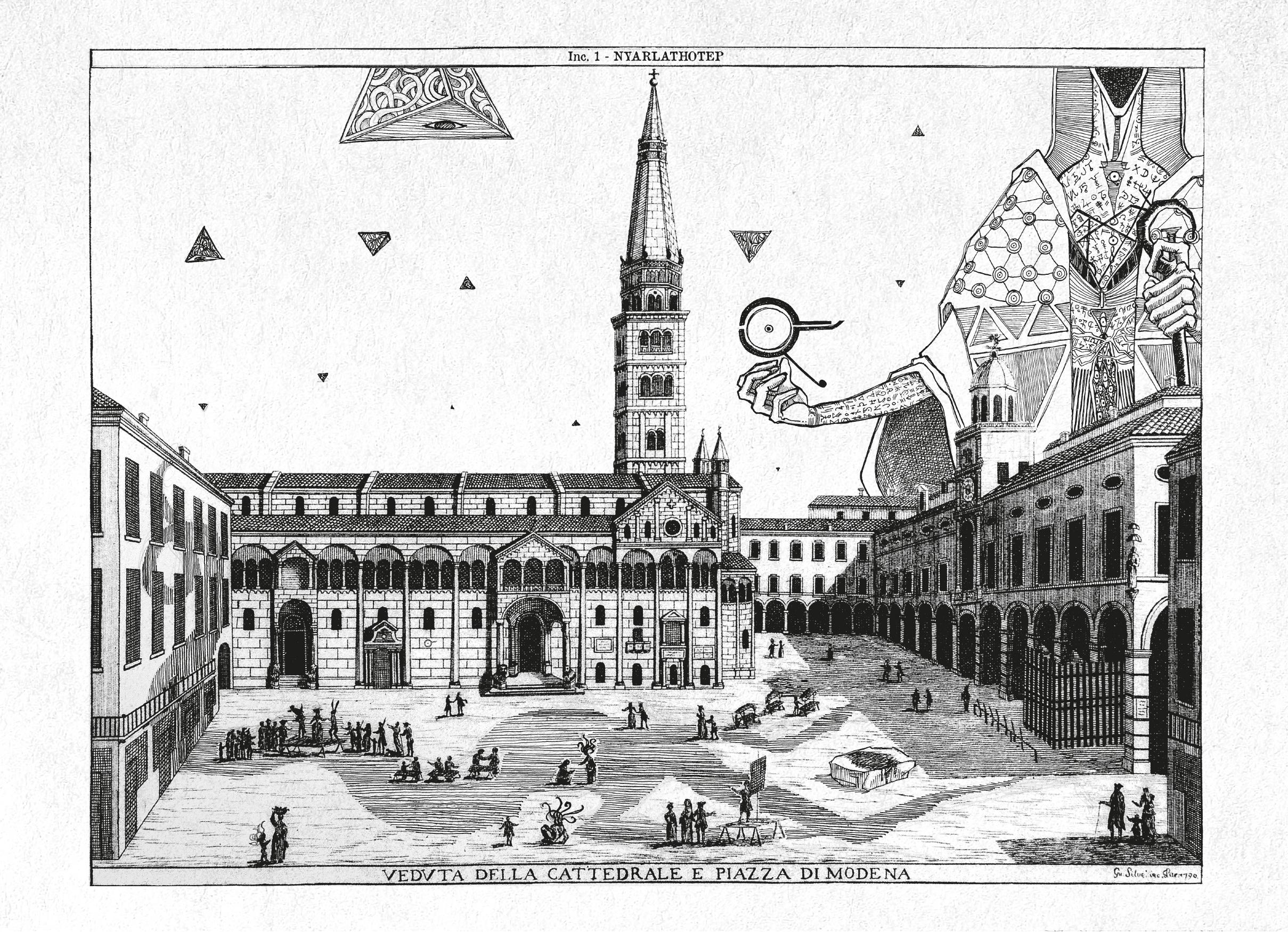 Detail from an engraving of Modena's cathedral square: an immense figure covered in symbols reaches down through a triangle-filled sky toward the unaware crowd below.