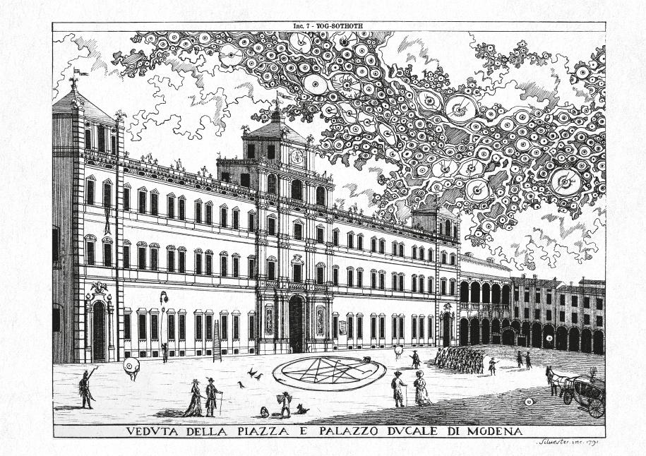 Engraving of Piazza and Palazzo Ducale in Modena, with a vast mass of eyes filling the sky and an occult symbol in the square.