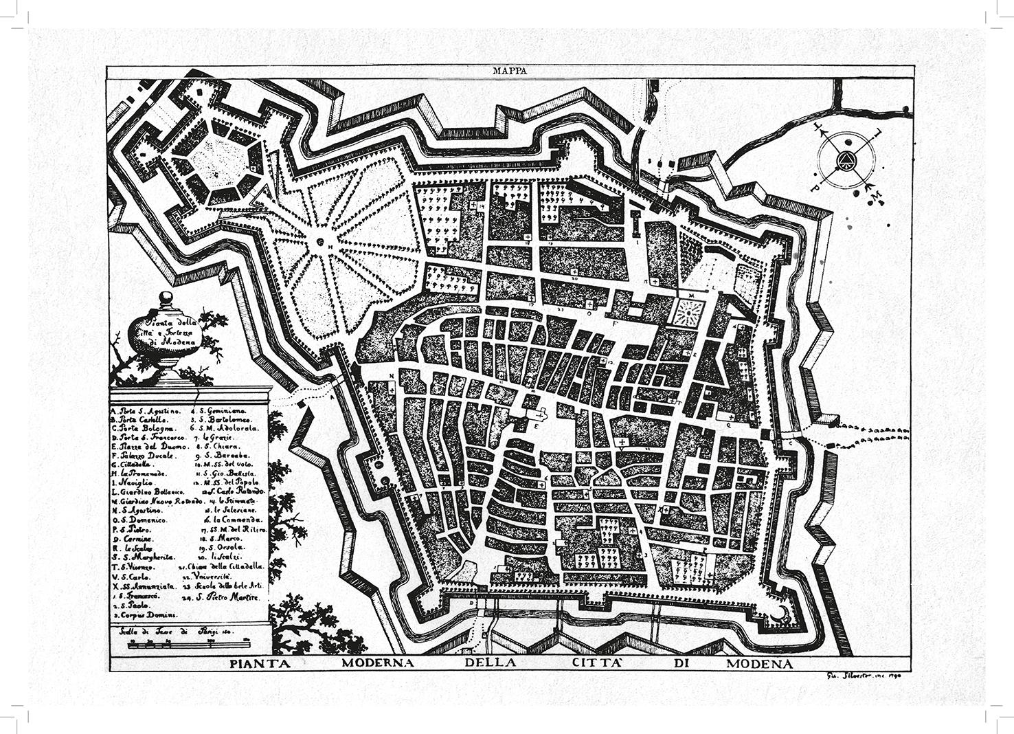 Historical map of fortified Modena, showing its streets, gardens, landmarks, and handwritten legend.